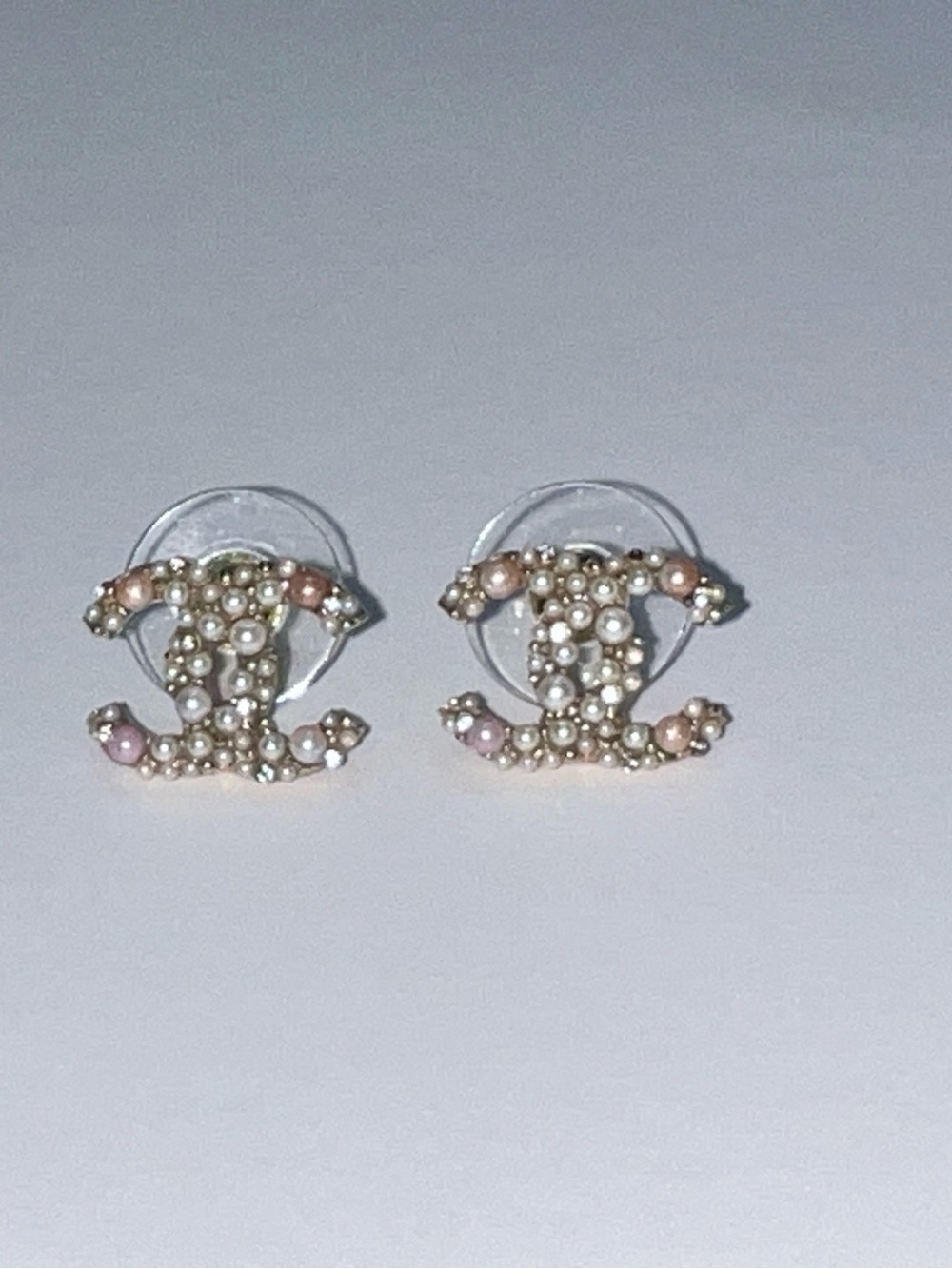CHANEL Pink & White Pearl CC Logo Stud Earrings
